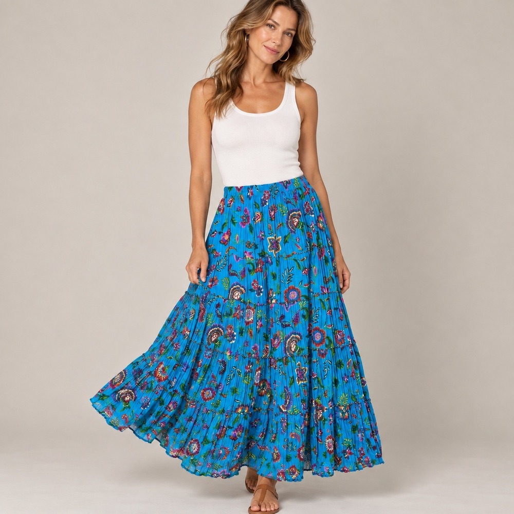 Choices Maxi Skirt Turquoise S Floral Beaded Tiered Boho Hippie Skirts Festival